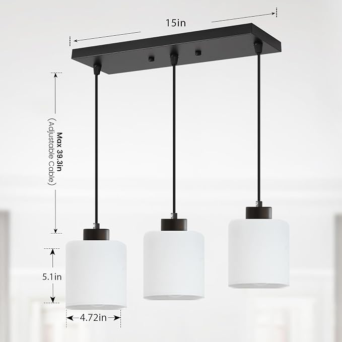 3-Light Pendant Light Fixtures with Milky White Glass, Black Hanging Light Fixture for Ceiling, Adjustable Kitchen Island Light for Dinning Room, Bedroom,Hallway, E26 Base, Bulbs Not Included