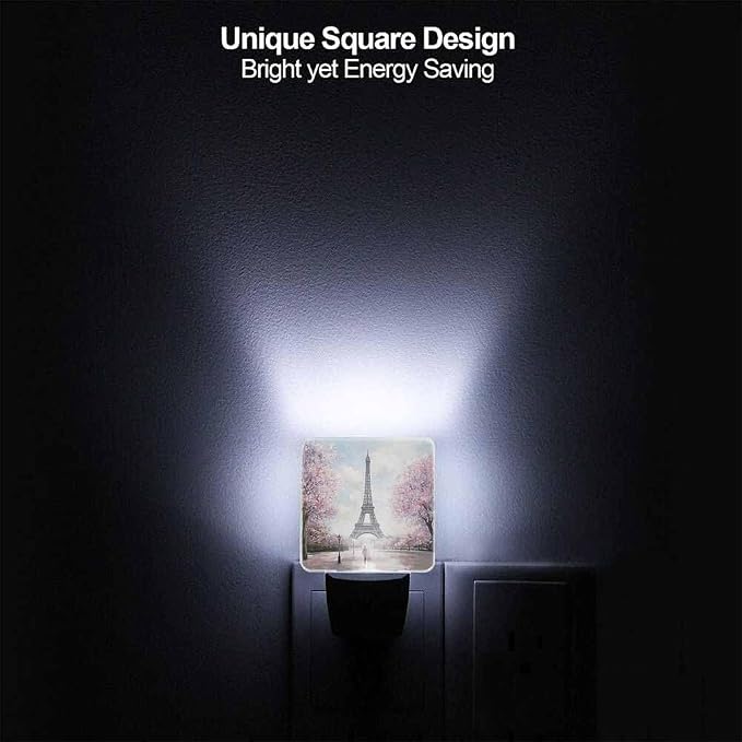 Eiffel Tower Night Lights Plug into Wall Pink Trees and Couples in Paris Night Light with Dusk to Dawn Sensor for Home Bedroom Bathroom Living Room 0.5W Sleep-Friendly
