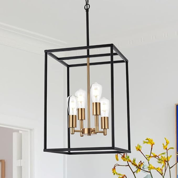 Retro 4 Light Large Farmhouse Chandelier Rustic Dining Room Lighting Fixtures Hanging in Black and Brushed Brass Finish Metal Square Cage Pendant Lighting for Kitchen Island