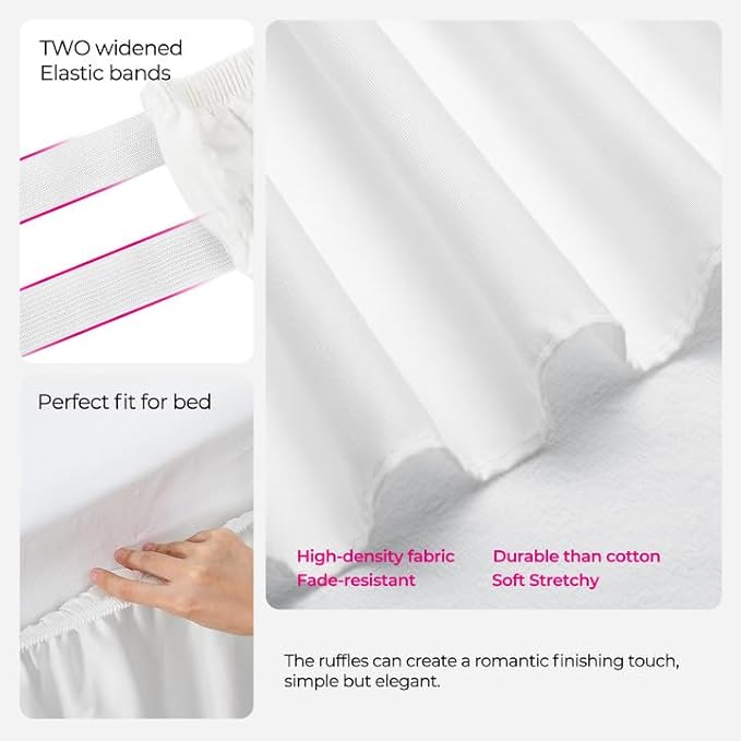 RIMELA White Bed Skirt Queen Size 15 Inch Drop, Elastic Bed Skirting for Adjustable Bed Base & Frame, Bedding Dust Ruffle Easy to Install, Wrap Around Bedskirt, Room Decoration