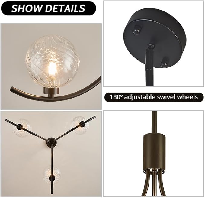 3-Head Black Modern Chandelier with 3 Clear Glass Globe Bulbs, Chandelier, Elegant Lamps with Black Accents, Ceiling Light for Living Room Kitchen Island Bedroom Entryway