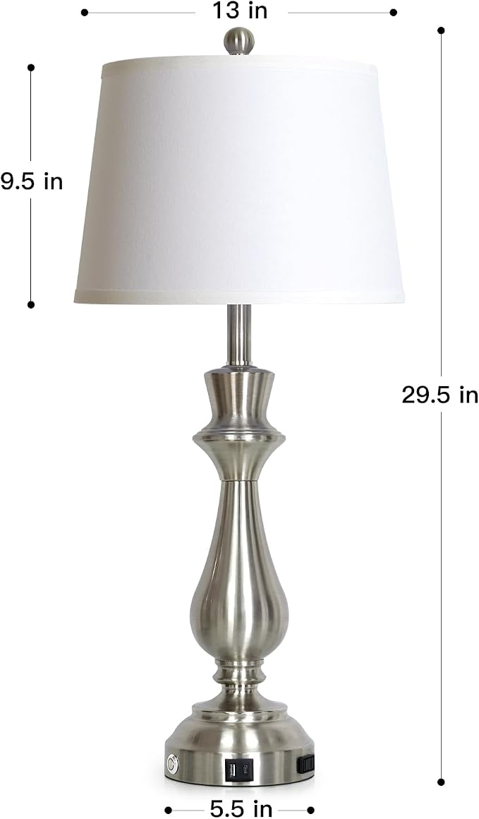 Modern Silver Table Lamp for Living Room,30" Tall Bedside Lamp with USB Charging Port,3-Way Dimmable Touch Nightstand Lamp for Bedroom Desk Side Table Office,Silver-1P