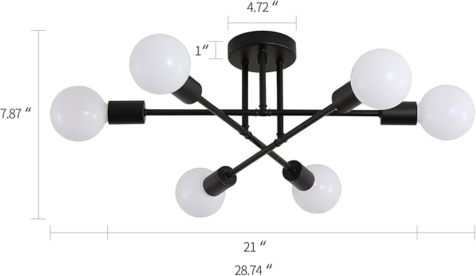 Black Modern Sputnik Chandelier Ceiling Light Fixtures,6-Lights Industrial Metal Semi Flush Mount Ceiling Light for Bedroom Dining Room Living Room Kitchen Hallway UL Listed
