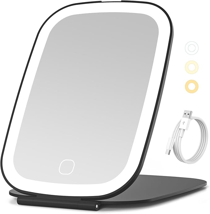 NEZZOE Rechargeable Travel Makeup Mirror with LED Light, 7x5 Inch, Black | Portable Lighted Makeup Mirror, 3 Lighting Modes, Dimmable Touch Control, Foldable Compact Vanity Mirror