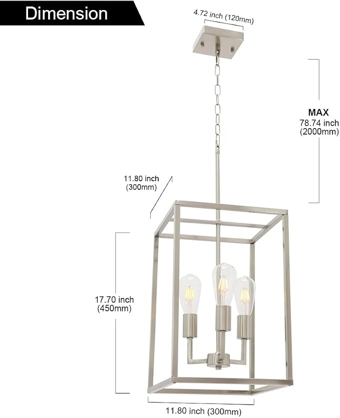 3 Light Classic Indoor Chandelier Brushed Nickel Finish Foyer Lantern Pendant Lighting for Hallway Kitchen Dining Room