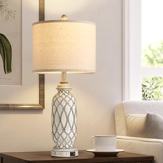 Farmhouse Table Lamps for Bedroom Set of 2, 28" Rustic Bedside Lamp with USB Ports, 3-Way Dimmable Nightstand Table Lamp for Living Room