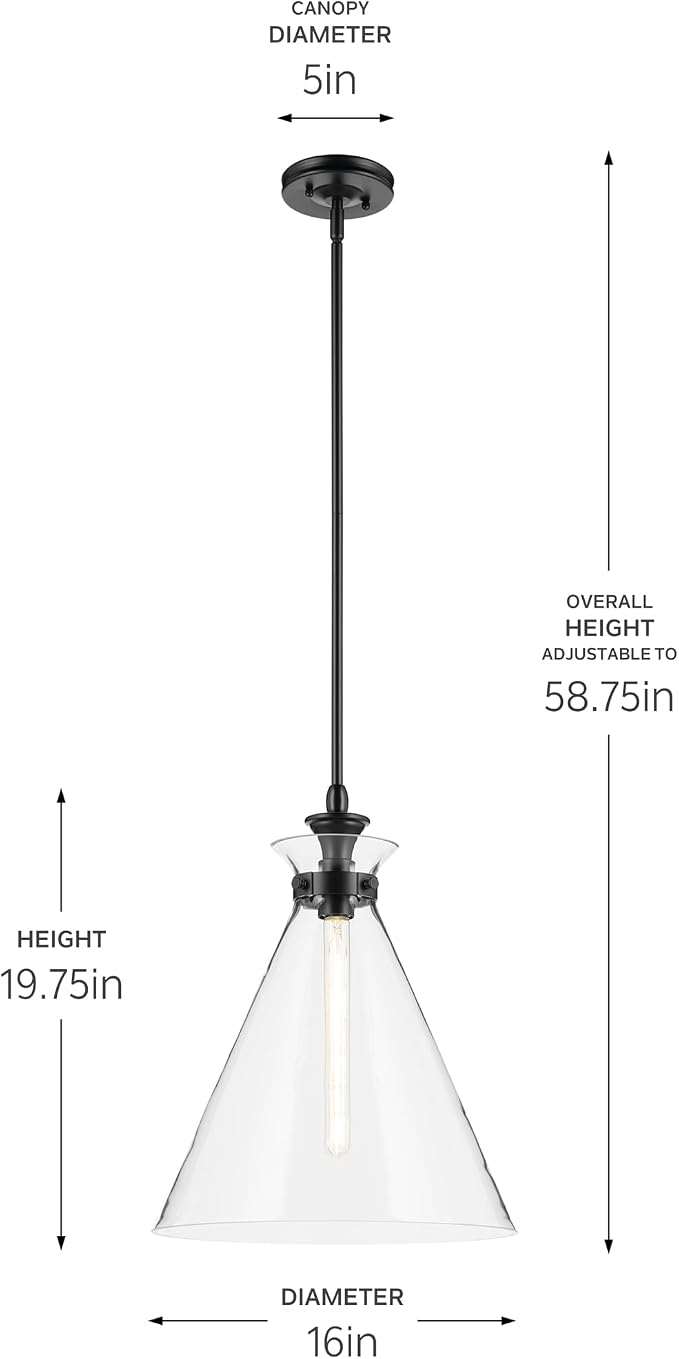 Kichler Laria 1-Light Pendant, Updated Traditional Light, Sloped Ceiling Compatible, for Kitchen with Clear Glass in Black (19.75" x 16"), 52775BKCLR