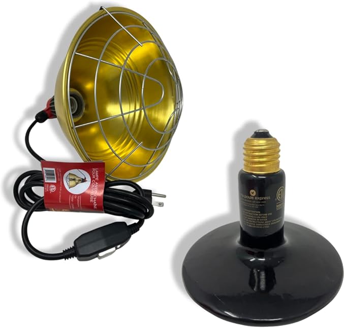 Ma Poule Express Heat Lamp Bulb with Golden Base – Premium Set of 10.5-inch Aluminum Base and 250W Infrared Heating Lamp – Chicken Coop Heating System with No Light