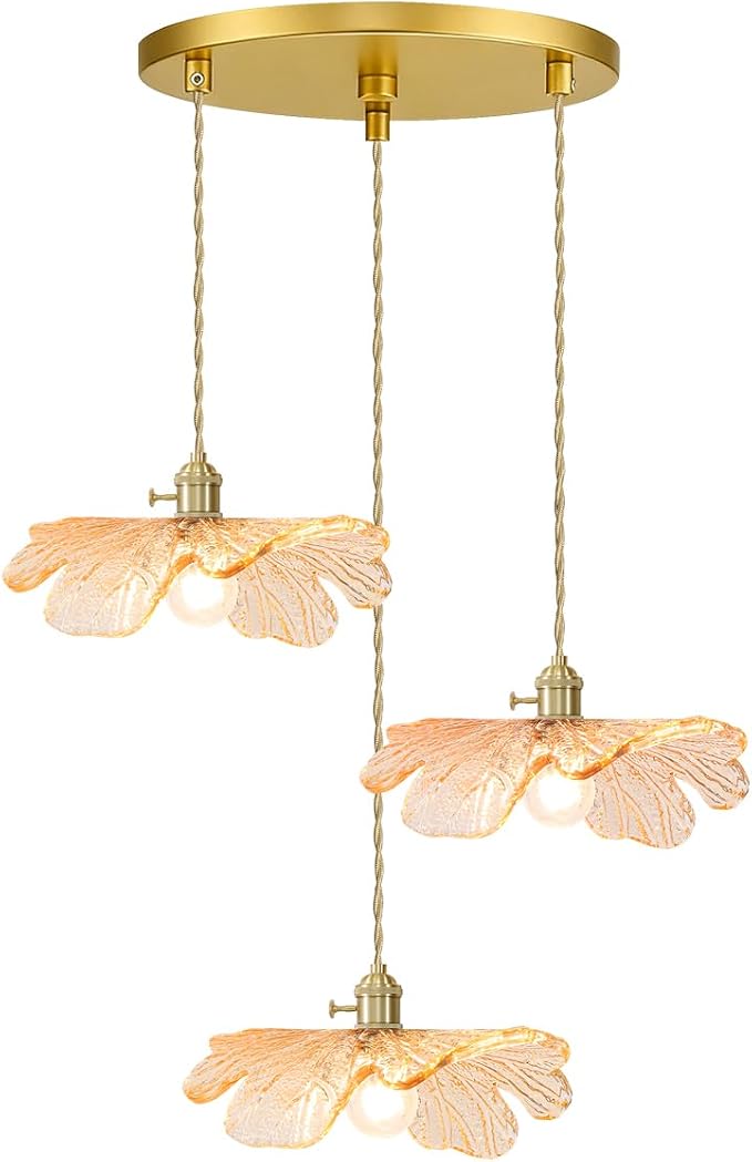 Amber Glass Pendant Chandelier, 3-Light Gold Brass Modern Light Fixture for Kitchen Island, Dining Table, Hallway & Entryway