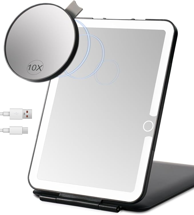 Rechargeable Travel Makeup Mirror with Lights, Portable Lighted Vanity 10X Magnification, 70 LEDs 3 Color Dimmable Touch Screen, Tabletop Folding Compact Cosmetic (ShiningBlack)