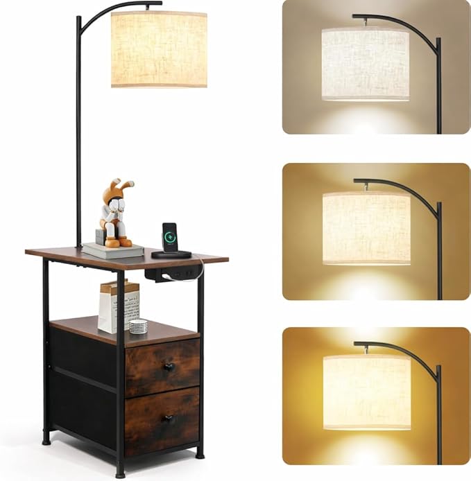 PESRAE Floor Lamp with Table & 2 Drawers, End Table with 3 Color Temperature Reading Light, Side Table Lamp with USB & Type C & AC Charging Port for Living Room, Bedroom (Rustic Fusion Brown)