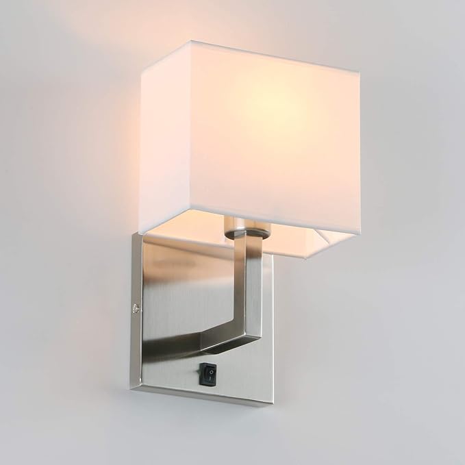 PERMO Single Fabric Wall Sconce Brushed Nickel Finished Sconces with White Textile Shades and On/Off Switch Button Modern Nightstand Lamps for Bedrooms Bedside Reading