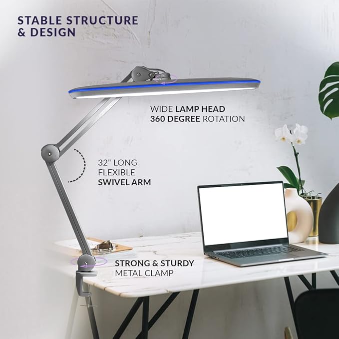 Neatfi XL 2,200 Lumens 20W LED Task Lamp – 23” Ultra-Wide Head | 182 SMD LEDs | 4 Brightness Levels | 3 Light Modes | Eye-Caring, Glare-Free | Adjustable Arm (CCT with Clamp, Silver)