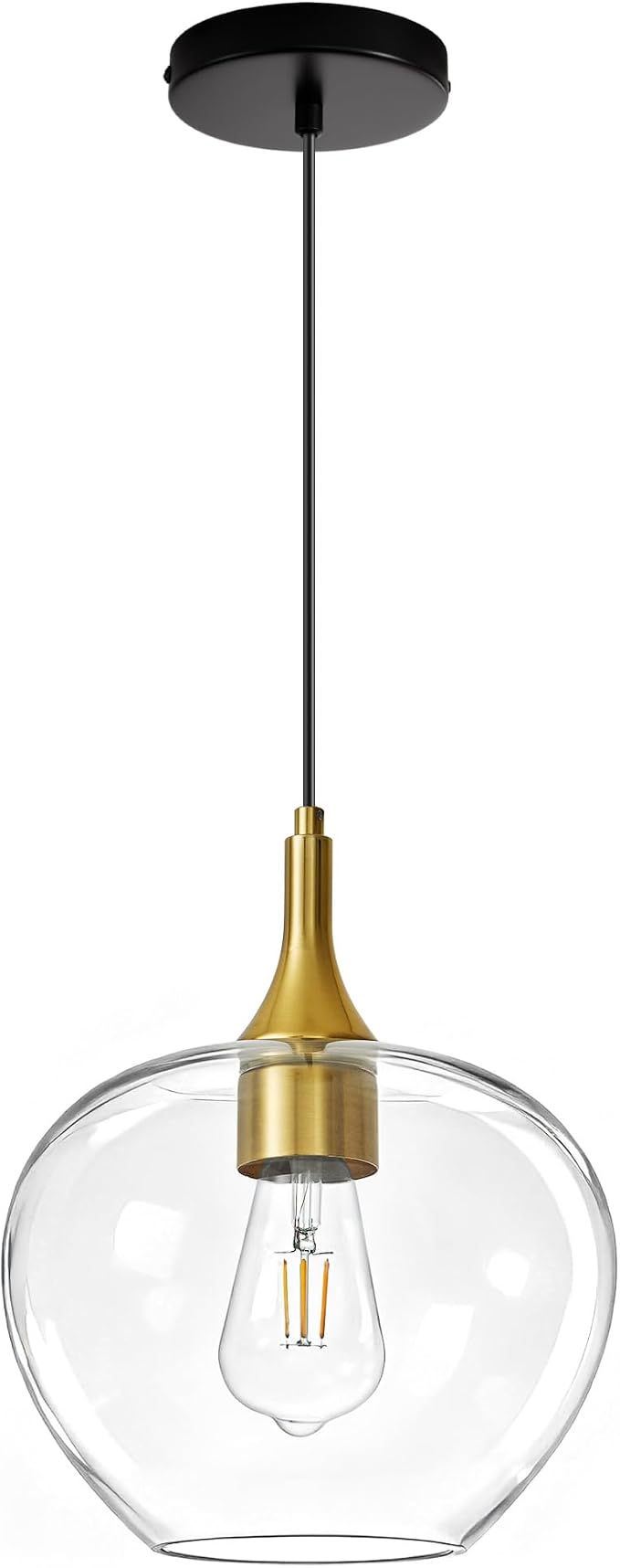 9.45in Black Gold Pendant Lights Kitchen Island with Clear Glass Shade 1PC | Handcrafted Glass Pendant Light Fixtures, UL Certified, E26 Base 100W Max, Height-Adjustable, Dimmable Hanging Pendant Light