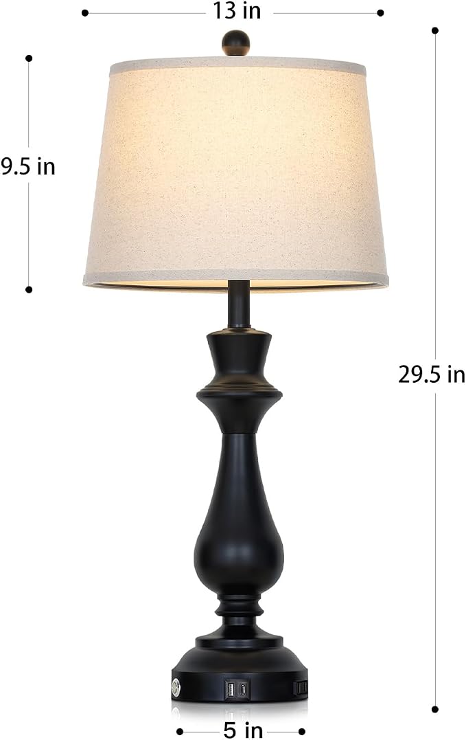 Modern Black Table Lamps Set of 2 for Living Room,30" Tall Bedside Lamp with USB Charging Port,3-Way Dimmable Touch Nightstand Lamp for Bedroom Desk Side Table Office,Black