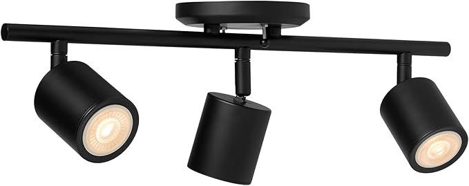 Amazon Basics 3-Light Track Lighting Kit, Dimmable, Adjustable Rotating Heads, GU10 MR16 LED Bulbs Included, 19.9L x 5.1W x 6.65H in, Black