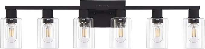 6 Light Bathroom Vanity Light, Matte Black Vanity Light Fixtures, Large Vanity Lights for Bathroom, Farmhouse Light Fixtures with Clear Glass Shade for Bathroom Over Mirror
