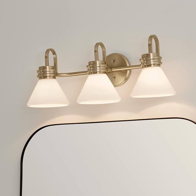 Kichler Farum 3-Light Bathroom Vanity Light, Champagne Bronze | Modern vanity light with opal glass for bathroom mirrors (26" x 9.5"), 55155CPZ