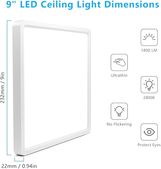 9Inch 18W Square LED Ceiling Light Fixtures Flush Mount, 2800K Warm White LED Ceiling Lamp, Surface Mount Modern Ceiling Lights, Slim Flat Panel Lighting for Bedroom, Kitchen, Bathroom Etc.