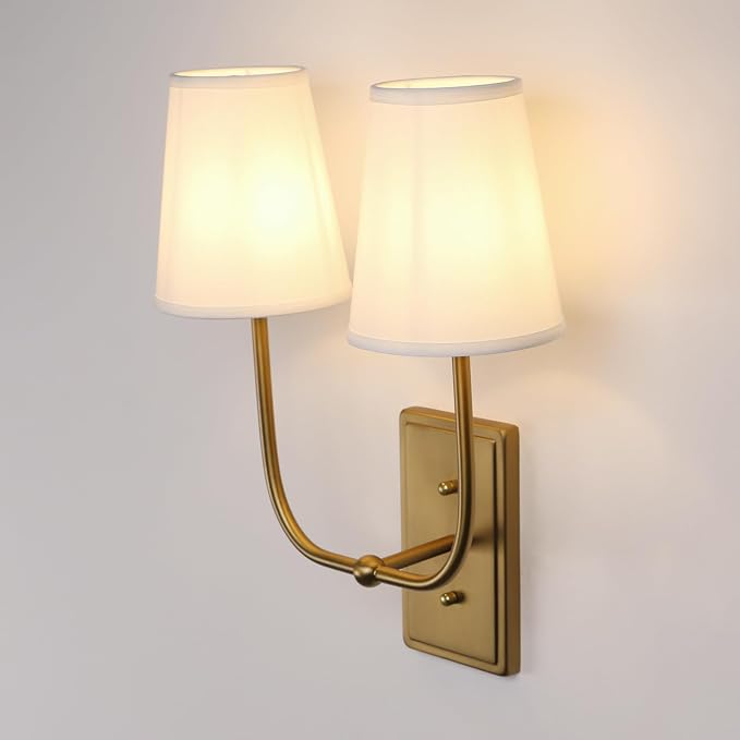 Vintage 2-Lights Wall Sconces with Funnel White Fabric Shades, Double Head Bathroom Vanity Lights Fixture, Indoor Wall Lamps for Bedroom Living Room Hallway Stairway