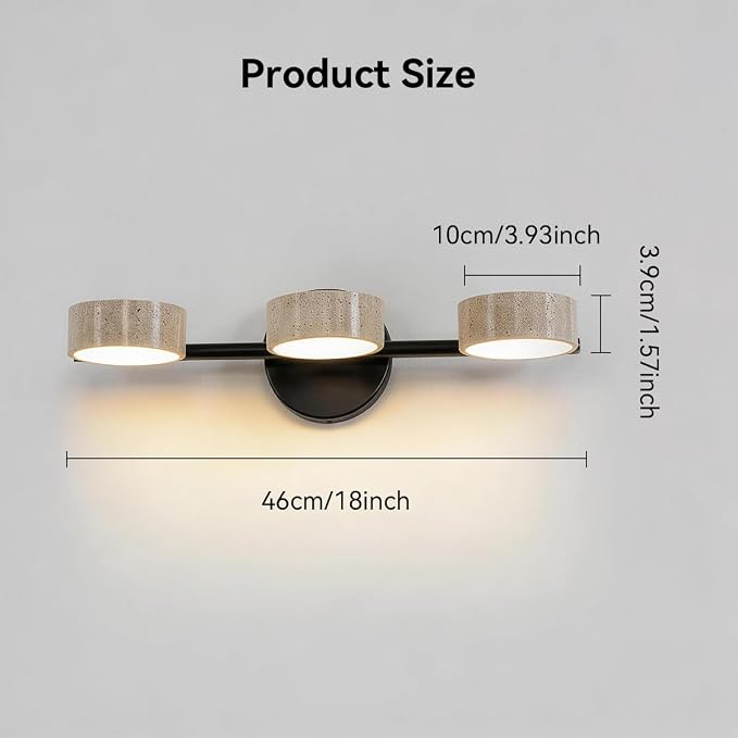 Led Bathroom Lighting Fixtures Over Mirror with 3 Travertine Shades,Vanity Lights Wall Lamp, 180° Rotatable Stone Lampshades Bathroom Lights, Modern Farmhouse Stone Sconces Black
