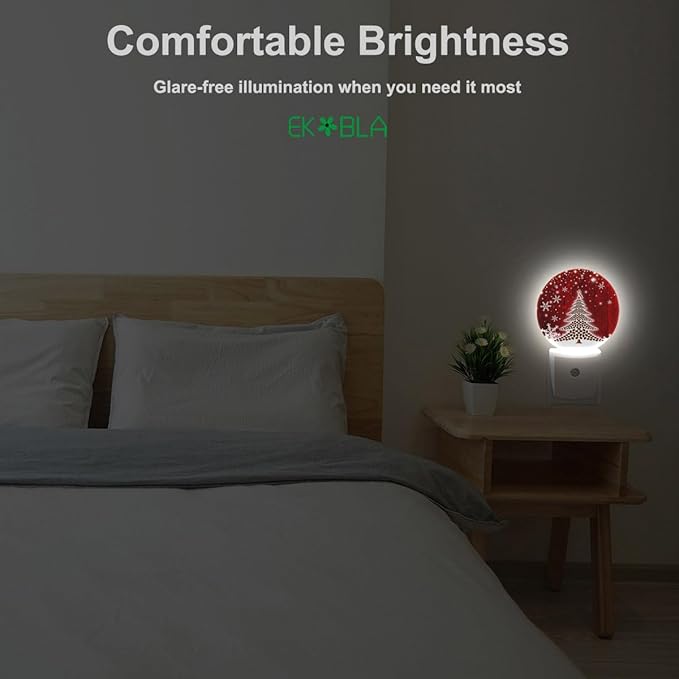 EKOBLA Farmhouse Red Christmas Night Light Sparkling Snowflakes & Trees Plug-in Nightlights for Holiday Season Decoration