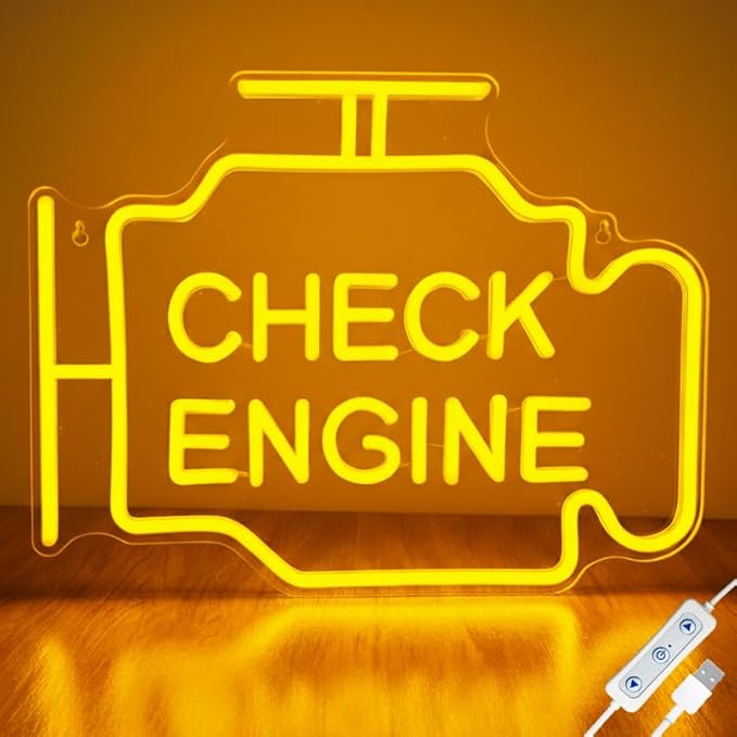 Check Engine Neon Signs for Wall Decor, Garage Led Neon Light Sign for Man Cave Decor, Funny Gifts for Dad & Car Guys, Mechanics, Auto Repair Shop, Workshop, Garage Decor, USB Powered