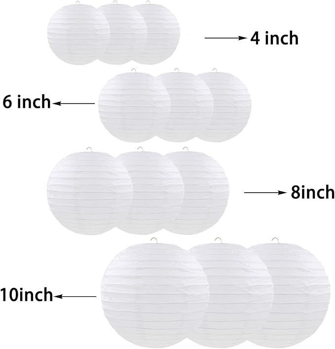 CC wonderland zone 12pcs White Hanging Paper Lanterns,Round Paper Lanterns for Birthday,Baby Shower,Wedding,Party,Home Ceiling Decoration（4" 6" 8" 10" ）