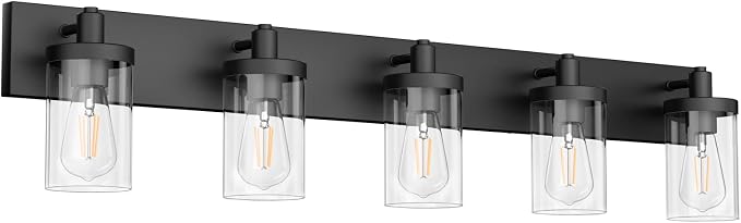 Aipsun Matte Black Bathroom Vanity Light Fixtures 5 Lights Industrial Lighting Fixtures Over Mirror with Clear Glass Shade(Exclude Bulb)