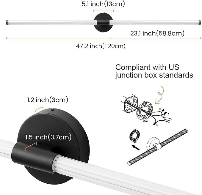 Bathroom Vanity Lights 47" Long LED Vanity Light Bar Black | 360° Bright Bathroom Lights, Dimmable Vanity Light, Hardwired Wall Light 3000K Warm White for Mirror