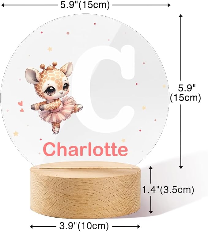 Personalized Ballet Cartoon Animal Night Light, Custom Name LED Light with Wooden Base Nursery Decor Gift for Kids