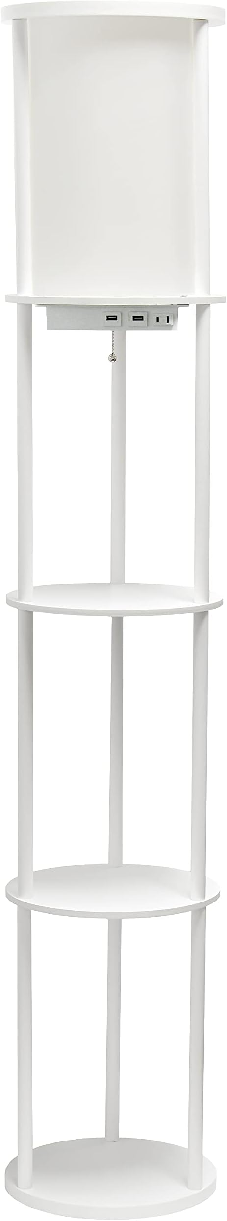 Simple Designs 62.5" LF2010-WHT Round Modern Shelf Etagere Organizer Storage Floor Lamp with 2 USB Charging Ports, 1 Charging Outlet and Linen Shade for Living Room Bedroom Office, White