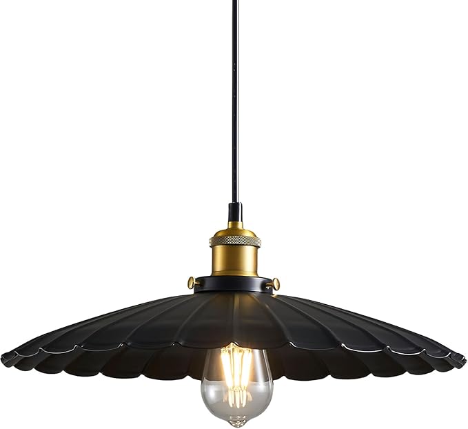 Hanging Light Fixture, Metal Pleated Lampshade Kitchen Island Pendant Lights Black Hanging Light Fixture 15.7 Inch Hanging Pendant Light 6.5Ft Height Adjustable