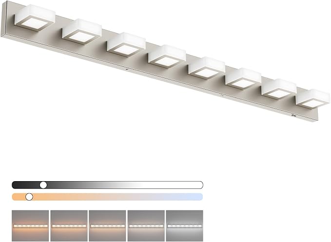Ralbay 52inch Brushed Nickel Vanity Lights 8 Lights Dimmable 5 Color Temperature Acrylic Modern LED Bathroom Vanity Lighting Fixtures Brushed Nickel