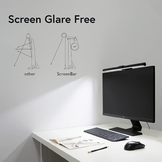 BenQ Screenbar E-Reading LED Computer Monitor Light Lamp with Auto-Dimming and Hue Adjustment Features, Matte Black USB Powered Office Lamp (ScreenBar_Black) Complements with Backlight/RGB setups