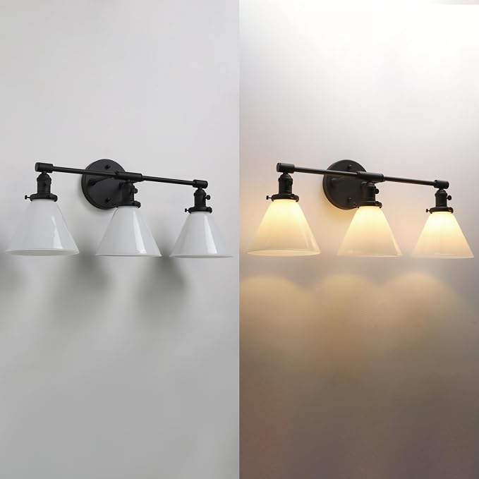 Vintage Industrial 3-Light Bathroom Vanity Light with Milk Glass lampshade – Antique Brass Wall Sconce for Over Mirror, E26 Socket, Hardwired Installation