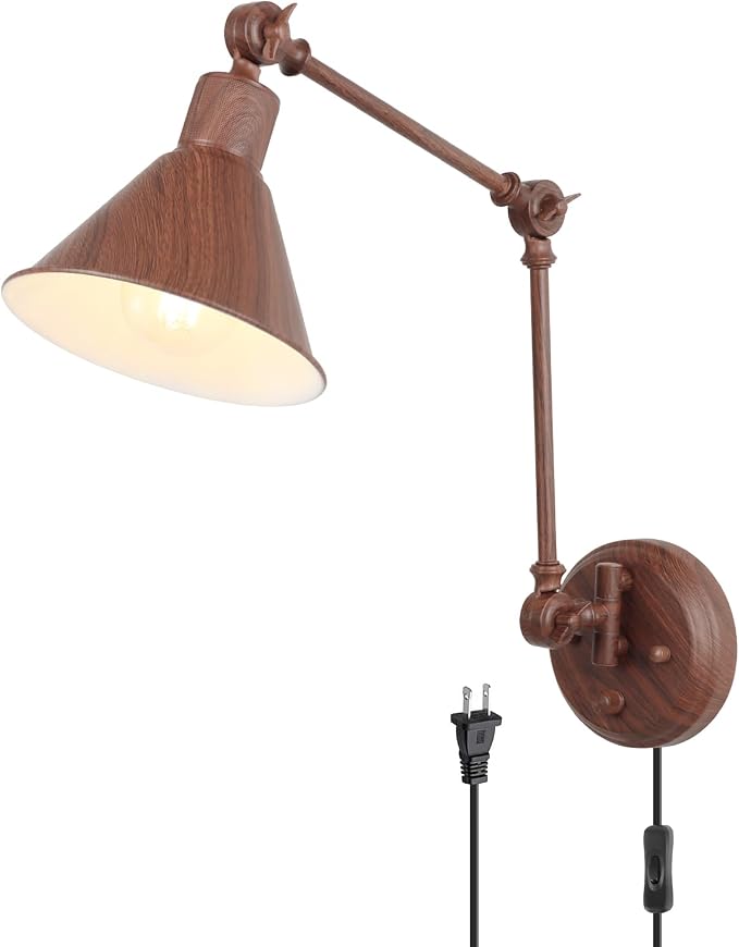 TRLIFE Wall Sconce Plug in, Dimmable Wall Sconce with Switch Swing Arm Wall Lights Plug in Wall Mounted Light Wall Sconces Lighting with 6FT Plug in Cord, E26 Base(1 Pack, Walnut Color)