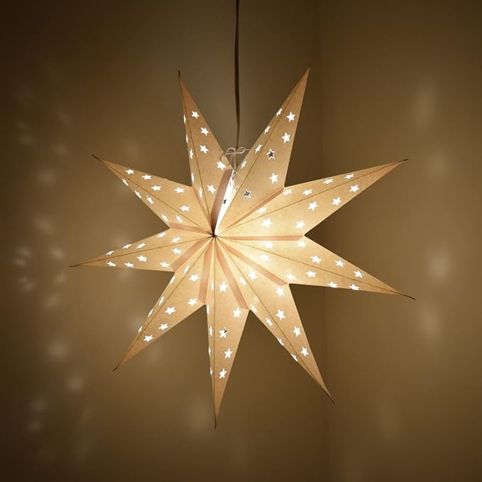9-Pointed White Paper Star Lantern with 12 Foot Power Cord Included, Modern Style, Eco-Friendly