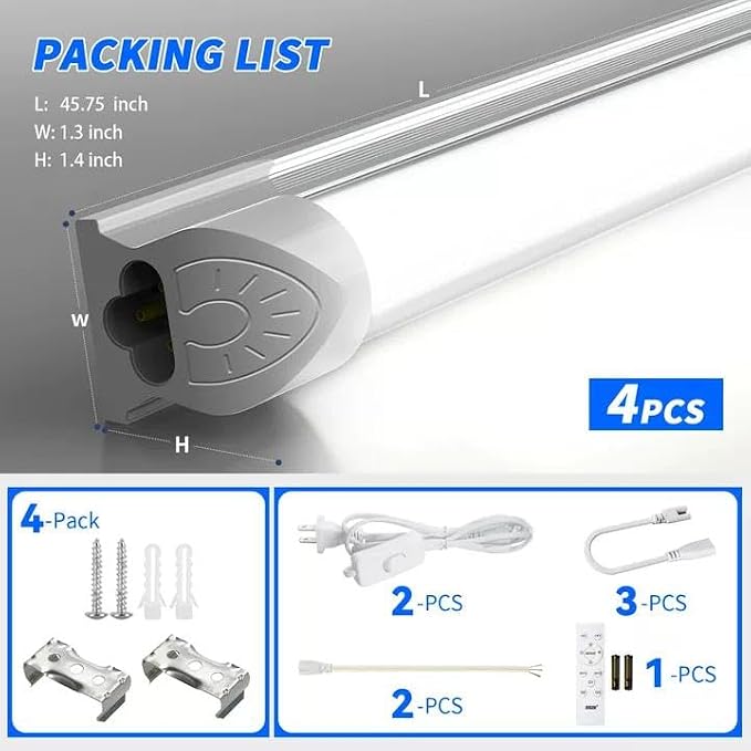 JESLED LED Shop Lights 4FT with Remote, 45W 5400LM Dimmable ETL 4 Pack | 3000K-7000K Adjustable Color Temperature, Linkable Garage Light for Workshop, Basement, Workbench