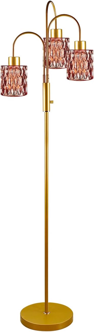 70" Glass Floor Lamp, 3-Light Gold Dimmable Standing Tall Lamp with Deep Red Ribbed Glass Shades &3PCS 3000K Warm White Bulbs, Modern Tree Pole Lamp for Living Room Bedroom Home Decor
