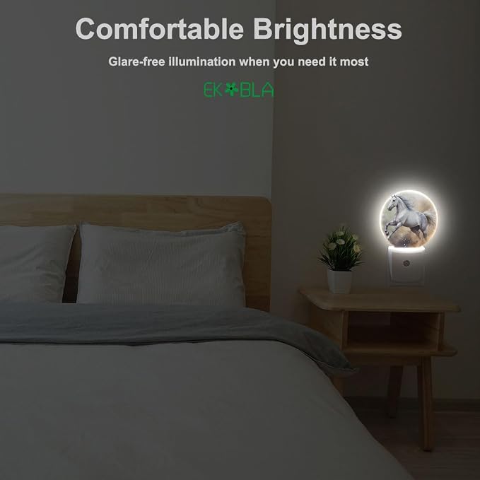 EKOBLA Running Horse Night Light, White Horse Night Lights Plug Into Wall with Dusk to Dawn Light Sensors, Warm Nightlights for Bedroom, Bathroom, Hallway, Kitchen