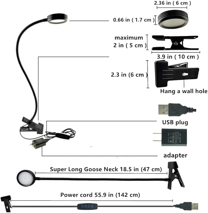 2-Pack 3W USB Clamp Desk Lamp - 3 Color Temperatures (3000K-4500K-6000K), 10-Level Dimmable, 48cm 360° Gooseneck with C-Clip for Sewing Machine, Office, Bedroom