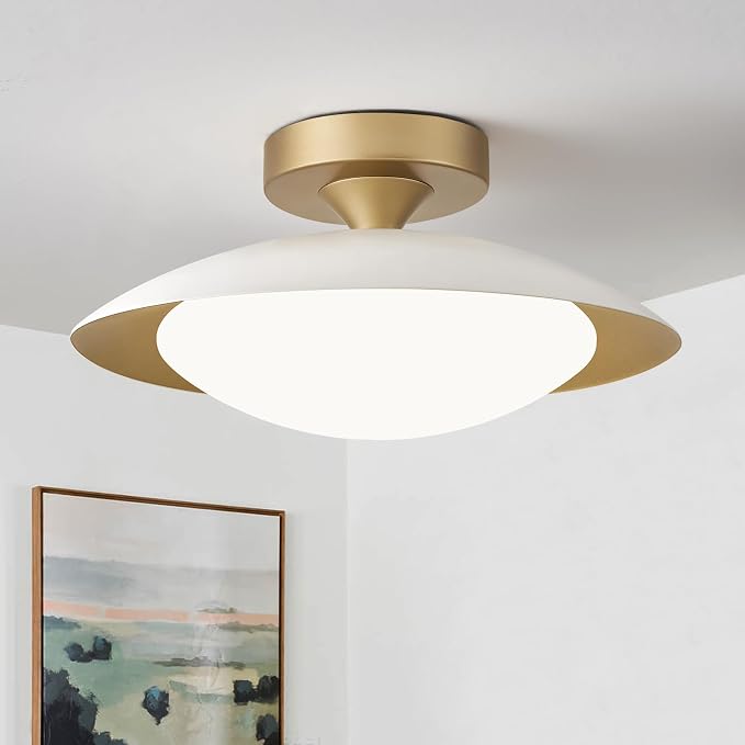 Dimmable Modern Mid-Century LED Ceiling Light, White and Gold, 12.6 Inch | Semi Flush Mount Ceiling Light, 5CCT 2700K-6000K Lighting Fixture Ceiling Lamp with Glass Shade for Bedroom Hallway Kitchen