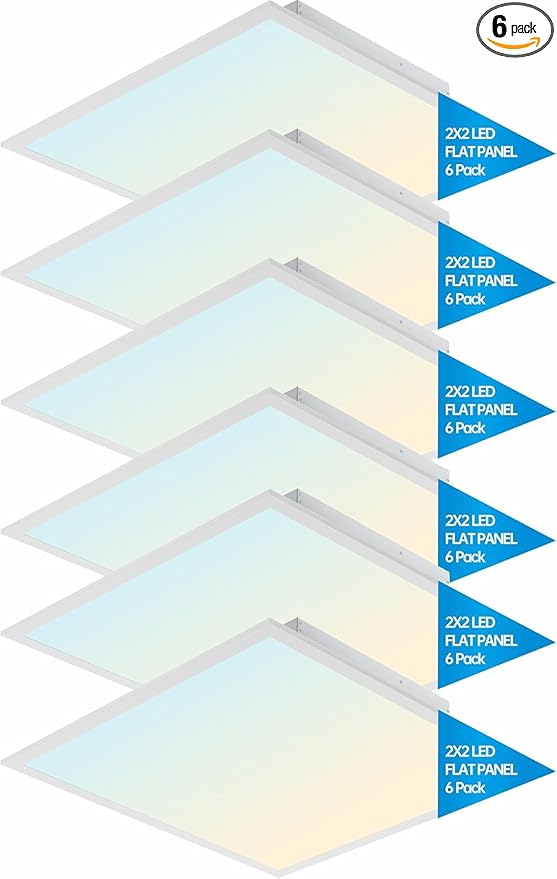 6 Pack 2x2 LED Flat Panel Light for Drop Ceiling, 5200lm Selectable 20W/25W/30W/35W/40W, Color Temperature 3000K/3500K/4000K/5000K/6500K, 0-10V Dimmable, 120-277V, ETL, DLC