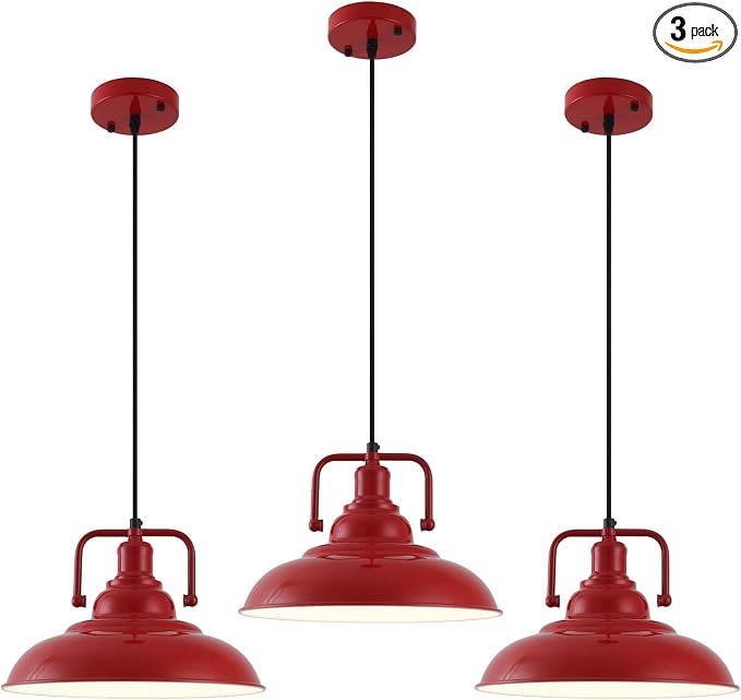 Red Farmhouse Pendant Lights 3 Packs, Metal Pendant Lights Kitchen Island, Industrial Pendant Light, Hanging Island Pendant Light, Barn Light for Kitchen, Living Room, Bedroom, Hallway