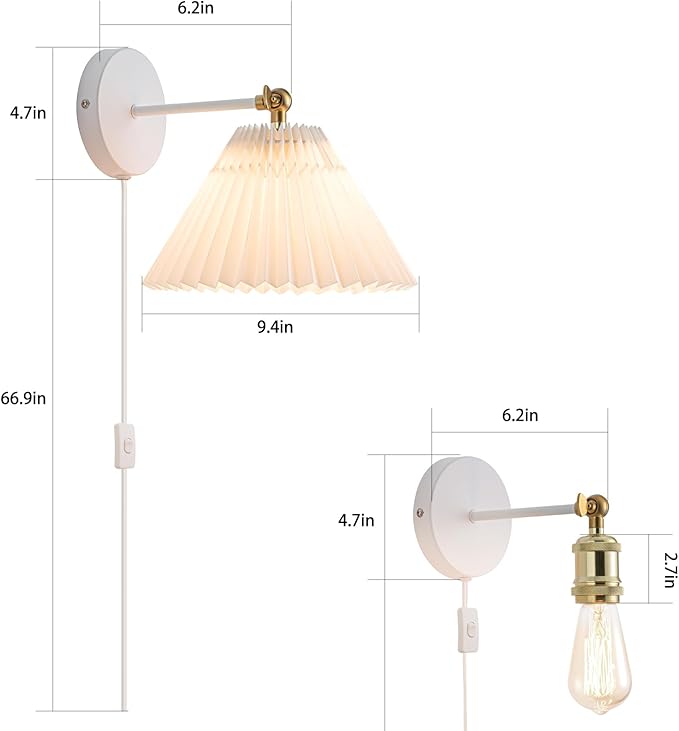 Wall Sconce Plug in, Plug in Wall Light Set of 2 Fixtures,Wall Lamp with Plug in Cord and On/Off Switch, Adjustable Industrial Vintage E26 Wall Sconce， for Reading Bedroom Hallway Living Room