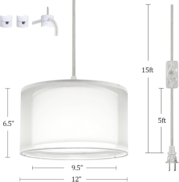 Hanging Lamp Plug in Pendant Light 2 Pack with Remote Control, 15Ft Hanging Lights with Plug in Cord White Double Shade Ceiling Pendant Light for Living Room, Bedroom, Kitchen