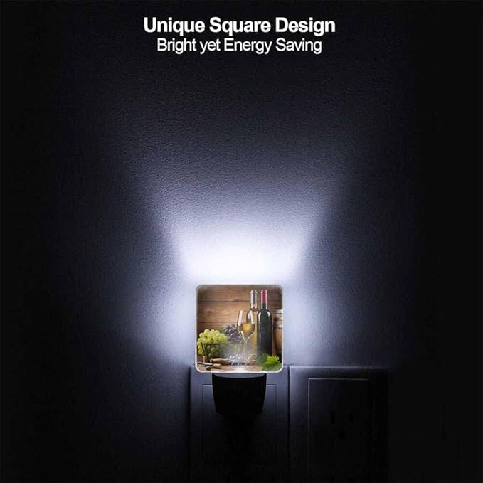 Wine Night Light A Stemmed Glass with Grapes on A Wooden Background Plug into Wall with Dusk to Dawn Light Sensors 0.5W Warm Nightlights for Bedroom Bathroom Hallway