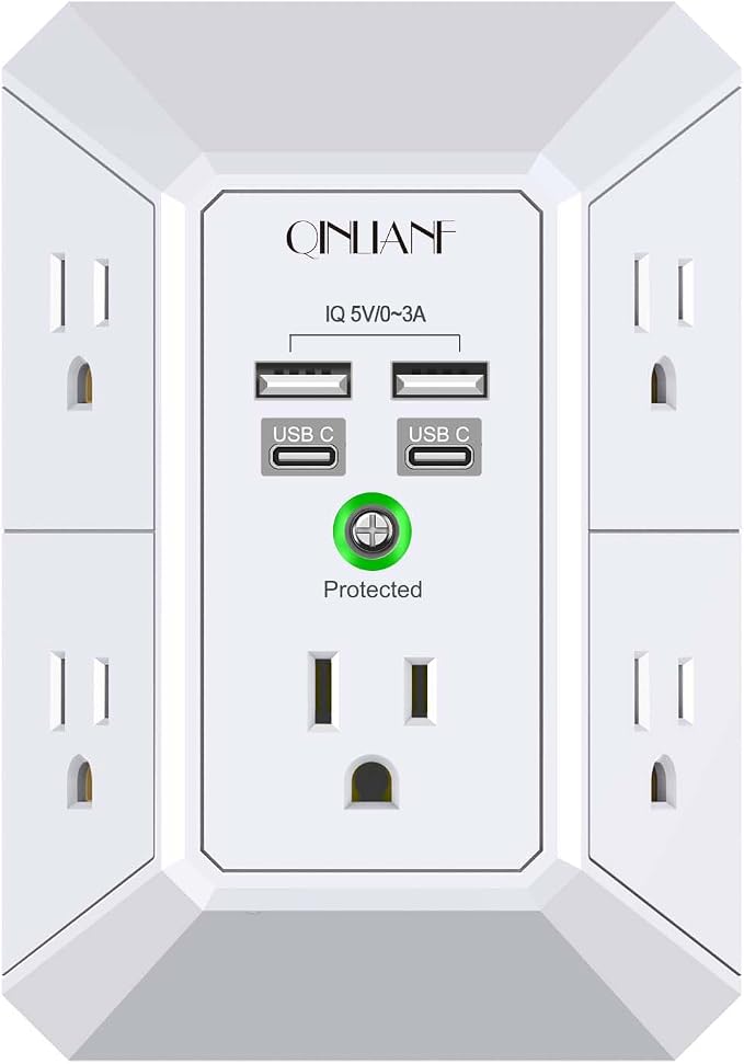 USB Wall Charger, Surge Protector, QINLIANF 5 Outlet Extender with 4 USB Charging Ports(2U2C) 3-Sided 1680J Power Strip Multi Plug Outlets Wall Adapter Spaced for Home Travel Office, White