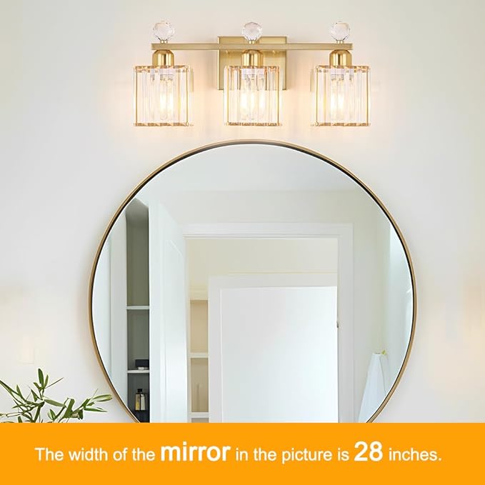 Bathroom Vanity Light Fixture 3-Light - Vanity Lights for Bathroom with Crystal Shade Gold Metal, Easy Install No Drilling Needed, Shadow-Free Illumination for Modern Bathroom Mirror Decor